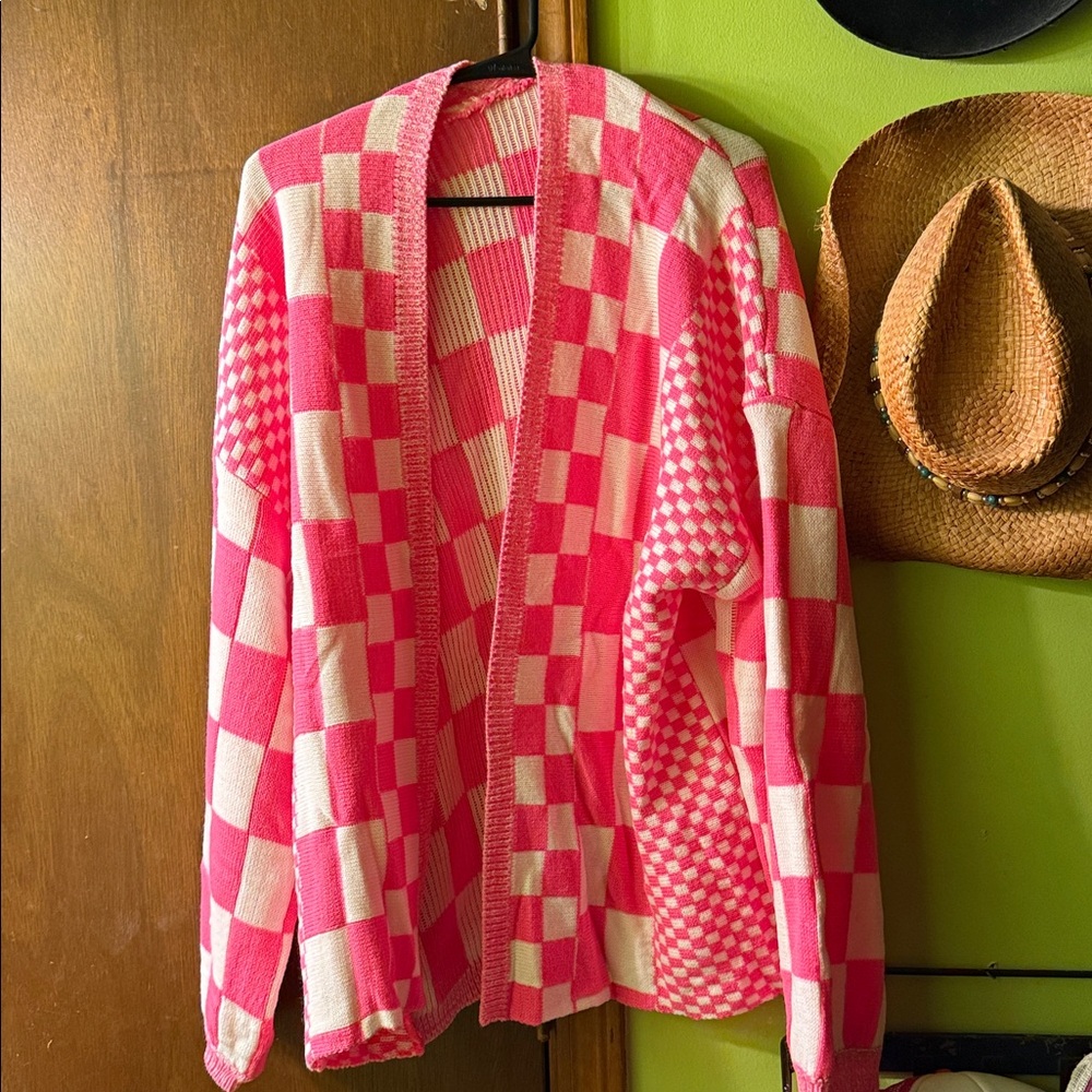 SHEIN Pink and White Knit Cardigan